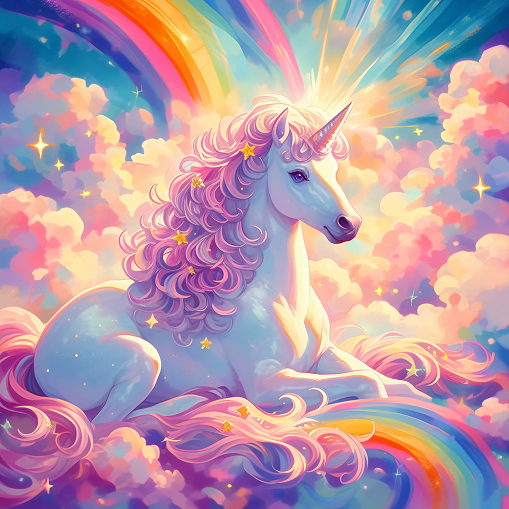 Unicornio Sentado sobre Nubes y Arco Iris Pintar por Números
