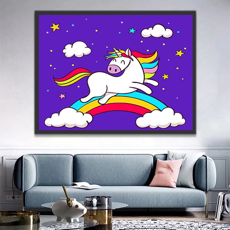 Unicornio y Arco Iris con Fondo Morado Pintar por Números Niños