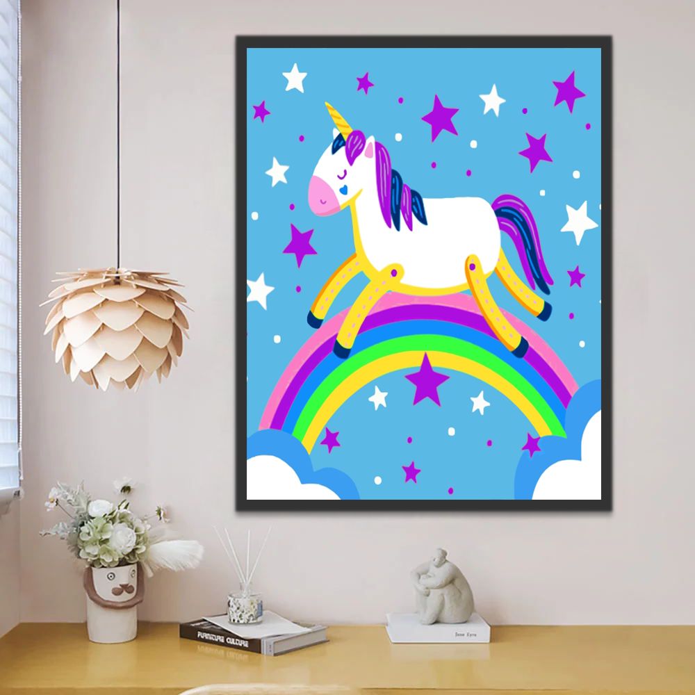 Unicornio y Arco Iris Rodeado de Estrellas Pintar por Números Niños