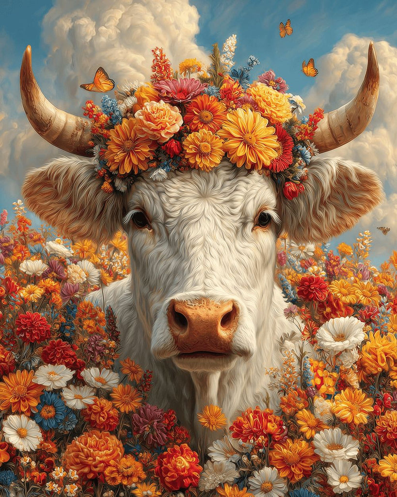 Vaca Blanca entre Crisantemos Naranjas Pintar por Números