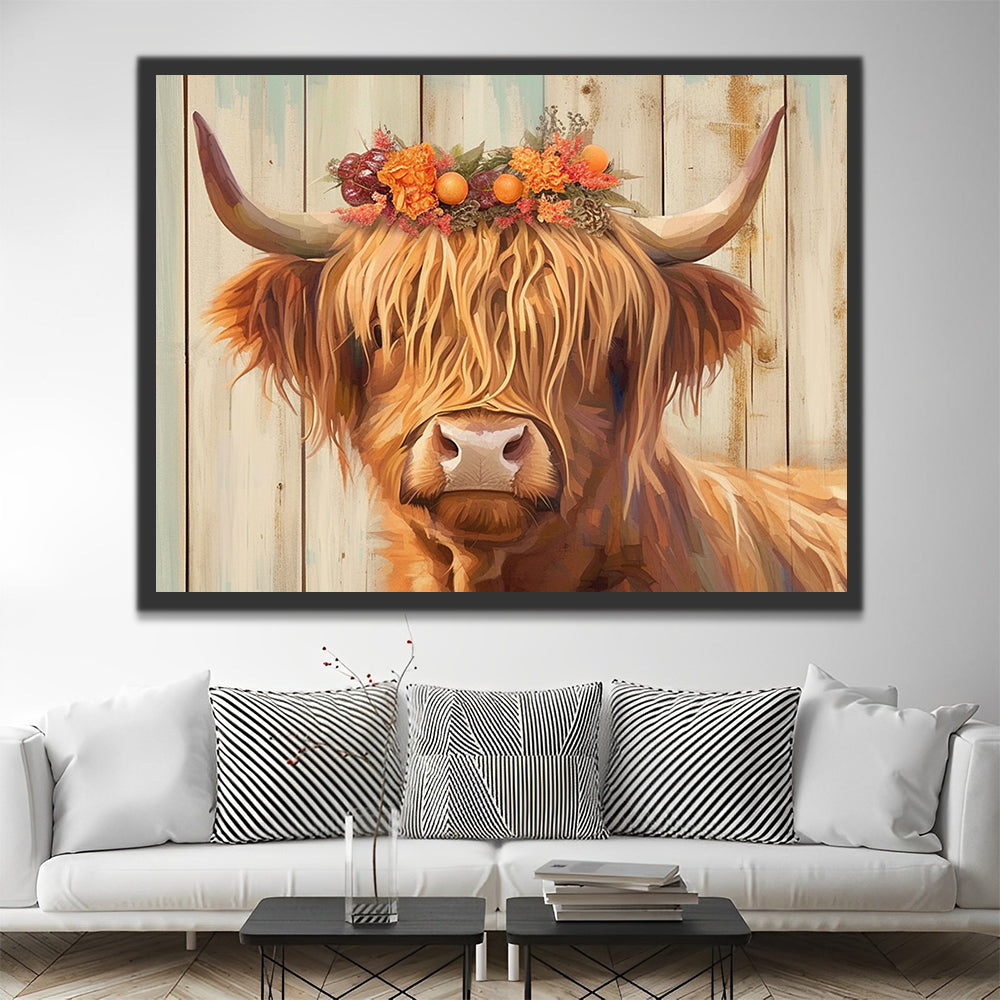 Vaca de las Tierras Altas con Fondo de Madera Pintar por Números