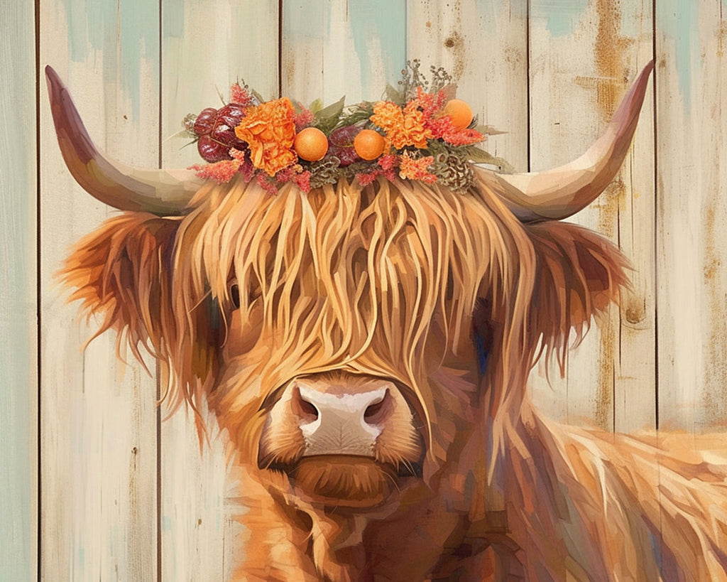 Vaca de las Tierras Altas con Fondo de Madera Pintar por Números