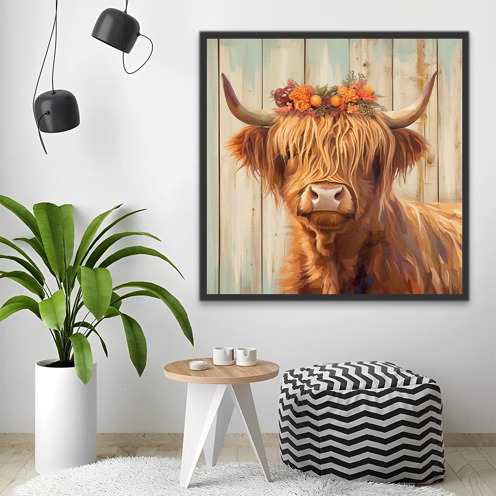 Vaca de las Tierras Altas con Guirnalda de Flores Pintar por Números