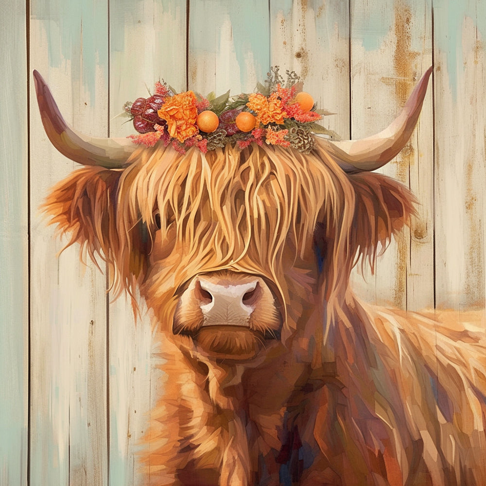 Vaca de las Tierras Altas con Guirnalda de Flores Pintar por Números