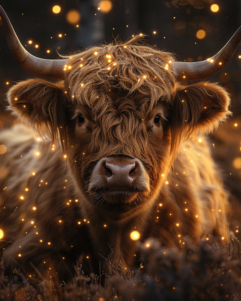 Vaca de las Tierras Altas Rodeada de Puntos Brillantes en la Noche Pintar por Números