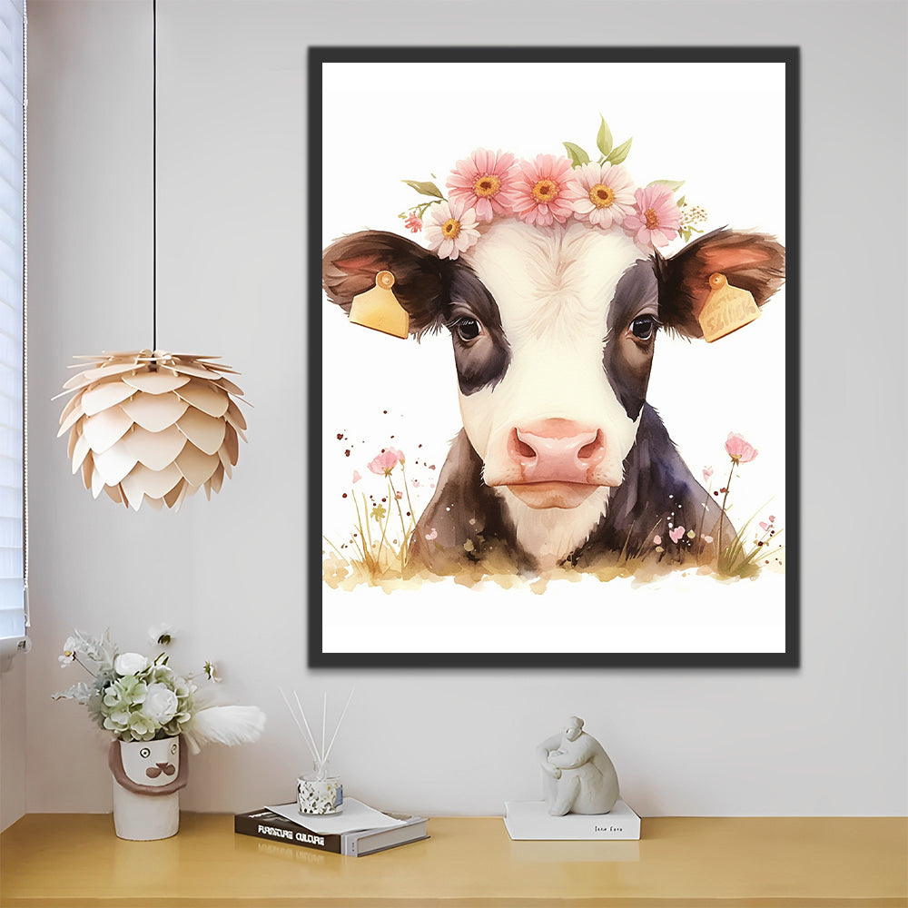 Vaca Lechera con Corona de Flores Rosas Pintar por Números