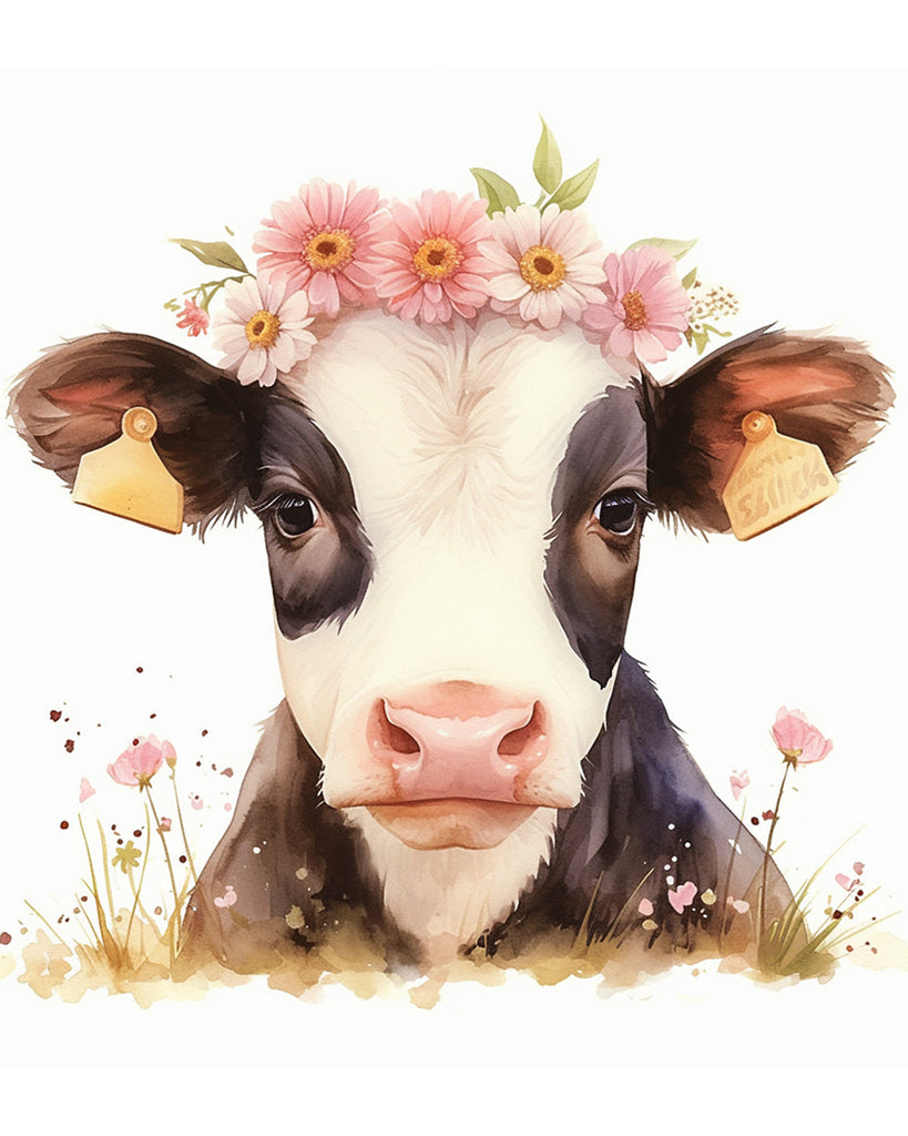 Vaca Lechera con Corona de Flores Rosas Pintar por Números