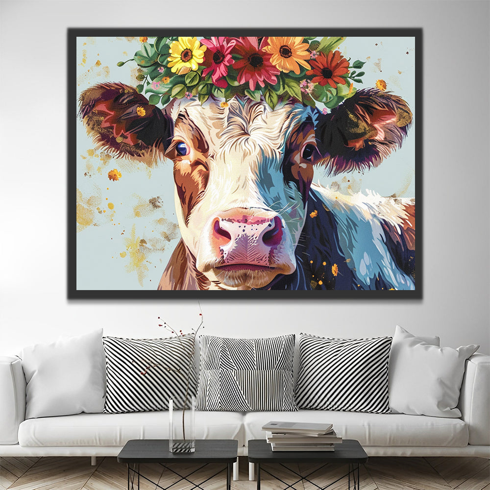 Vaca Lechera con Guirnalda de Flores Pintar por Números