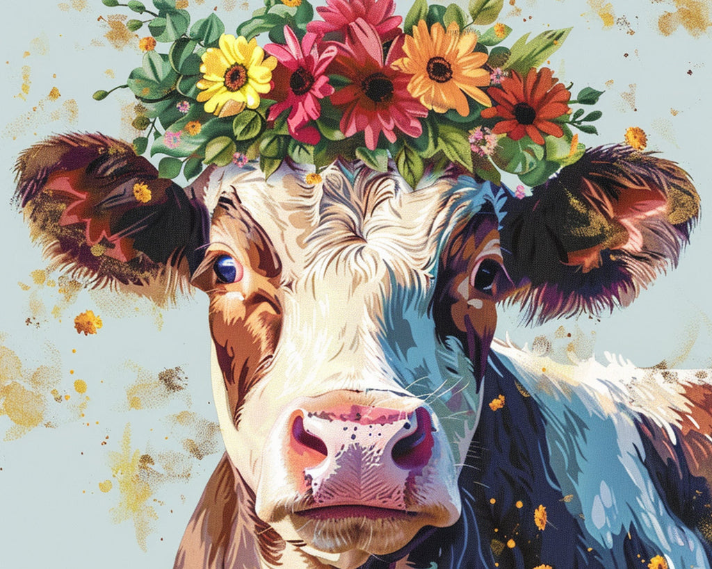 Vaca Lechera con Guirnalda de Flores Pintar por Números