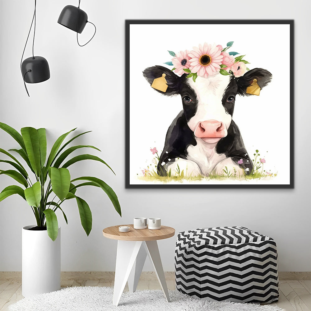 Vaca Lechera Pequeña Blanca y Negra con Guirnalda de Flores Rosas Pintar por Números