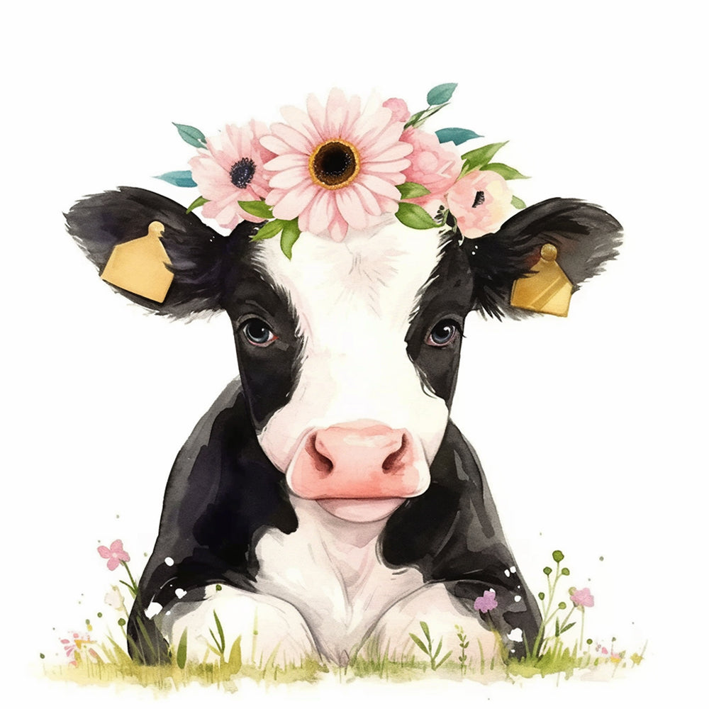 Vaca Lechera Pequeña Blanca y Negra con Guirnalda de Flores Rosas Pintar por Números