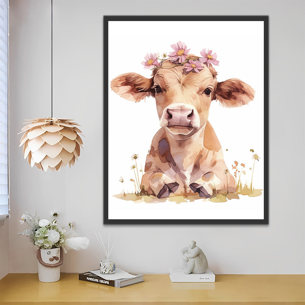 Vaca Pequeña con Guirnalda de Flores Rosas Pintar por Números