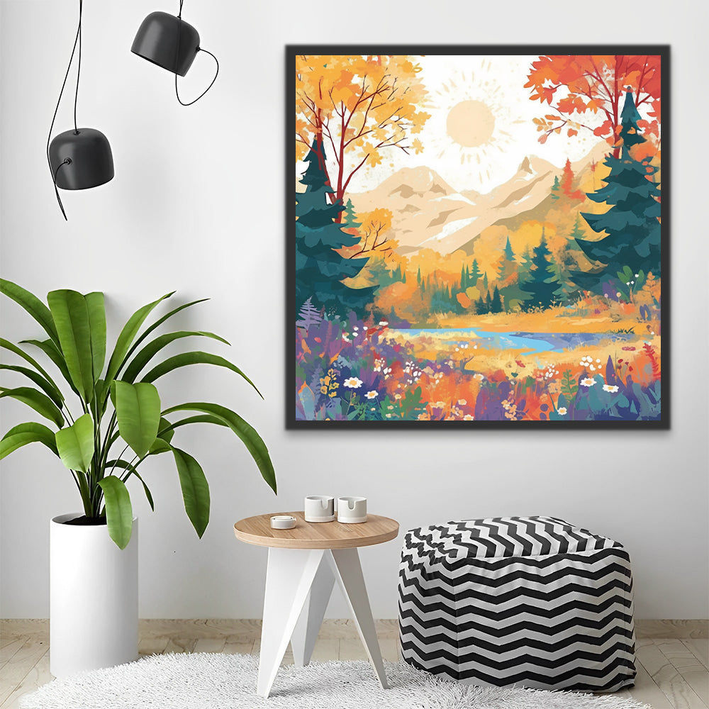 Valle con Flores y Bosque al Sol Pintar por Números