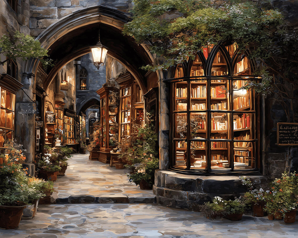 Ventana de Librería Europea Iluminada Pintar por Números
