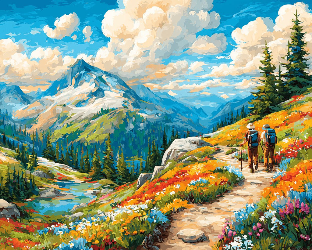 Viajeros en Camino Montañoso Lleno de Flores Pintar por Números