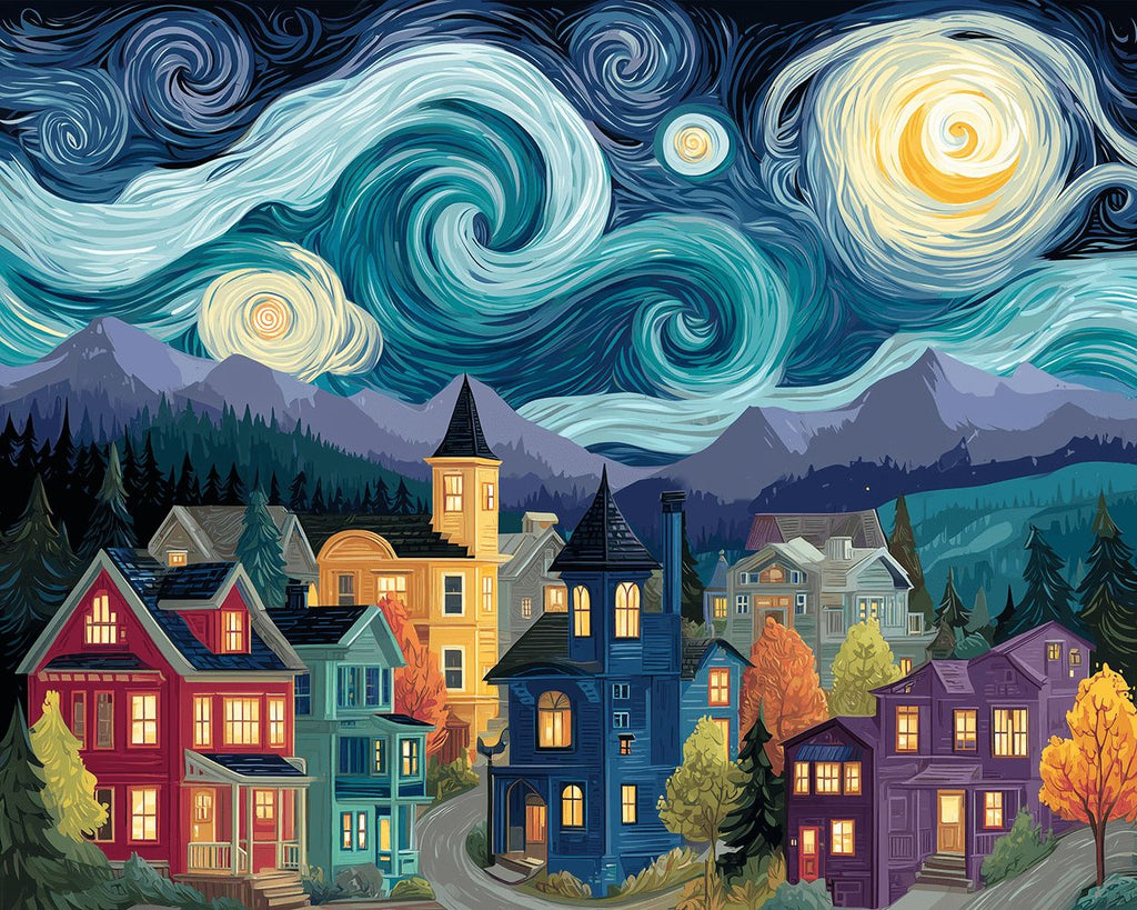 Villas Coloridas bajo la Noche Estrellada Pintar por Números