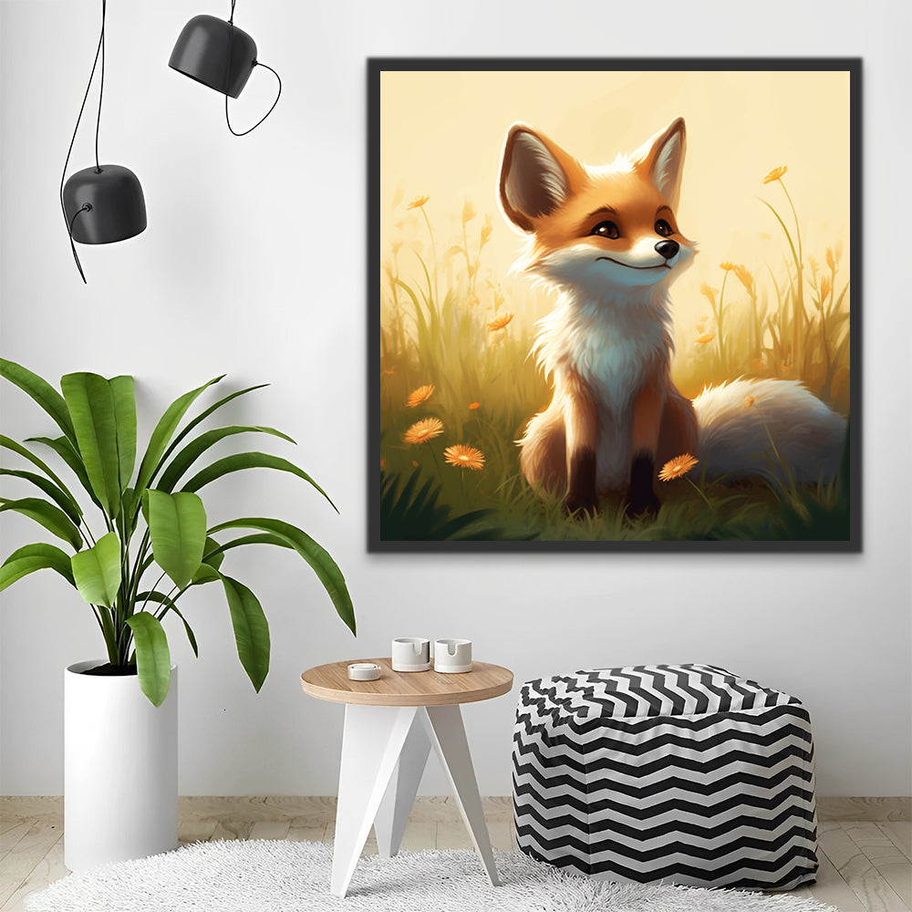 Zorro Rojo Adorable Sentado en el Césped de Flores Pintar por Números