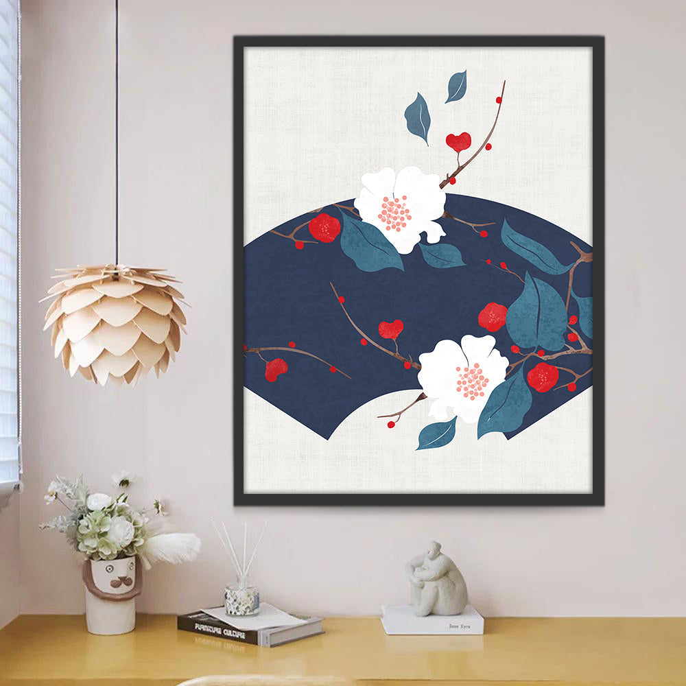 Abanico Azul Oscuro con Flores Blancas y Rojas Pintar por Números