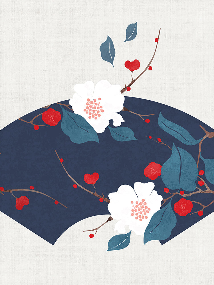 Abanico Azul Oscuro con Flores Blancas y Rojas Pintar por Números