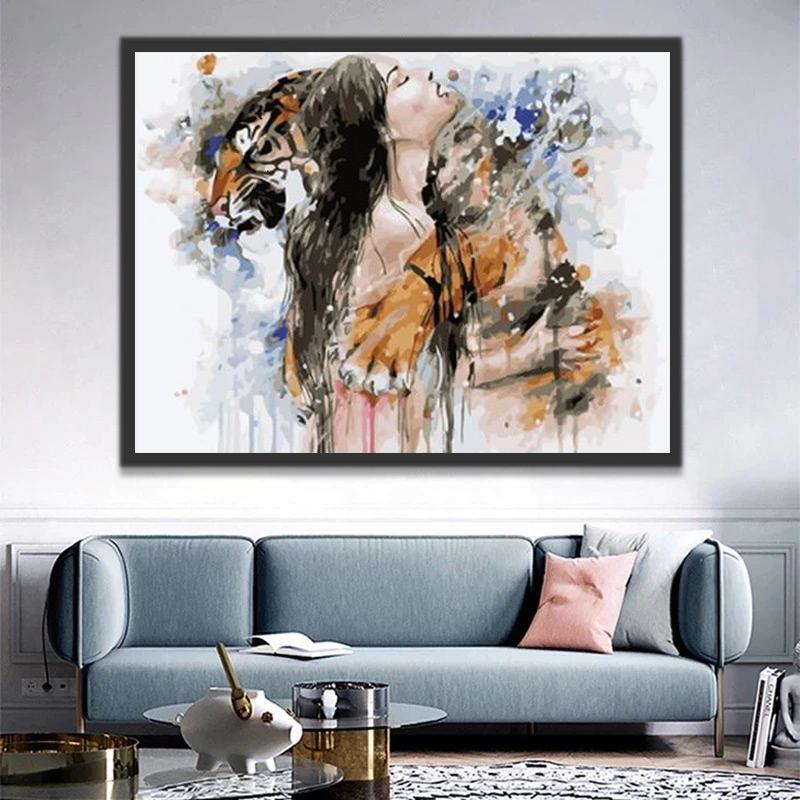 Abrazo entre Mujer y Tigre Pintar por Números