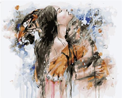 Abrazo entre Mujer y Tigre Pintar por Números