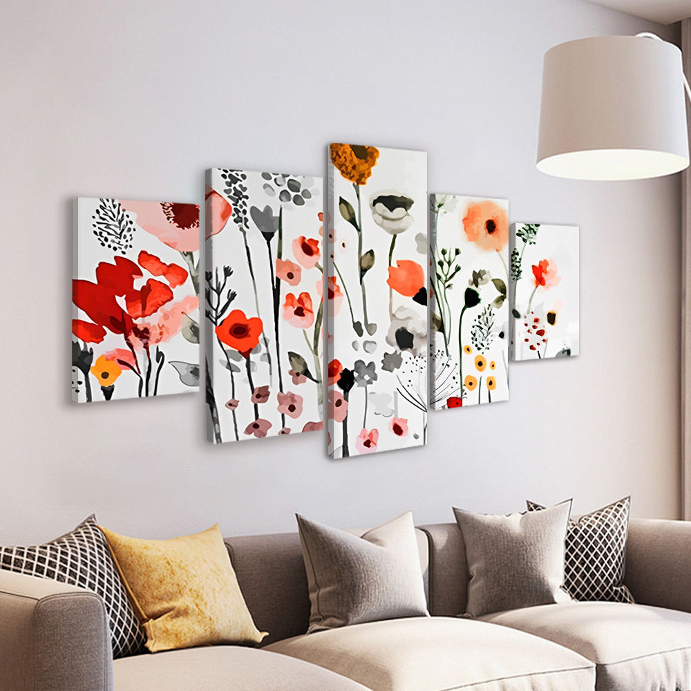 Acuarela de Amapolas Diversas y Hojas 5 Partes Pintar por Números