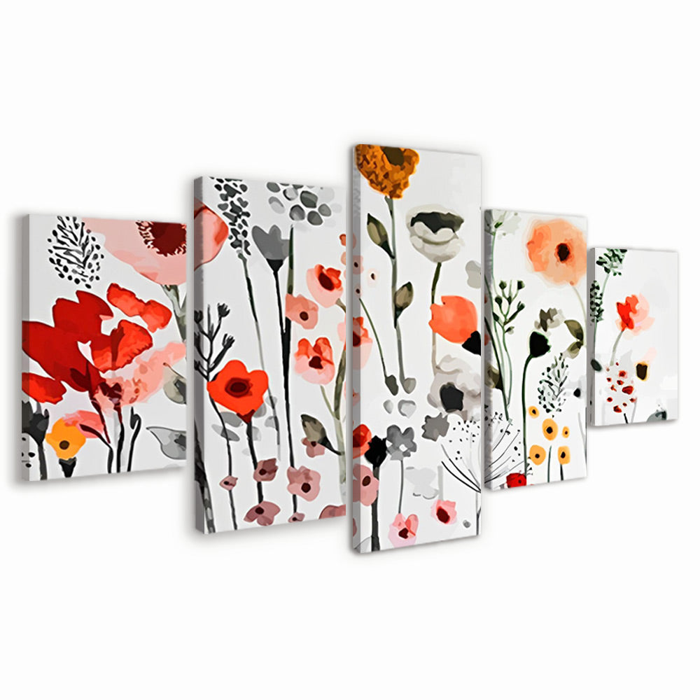 Acuarela de Amapolas Diversas y Hojas 5 Partes Pintar por Números
