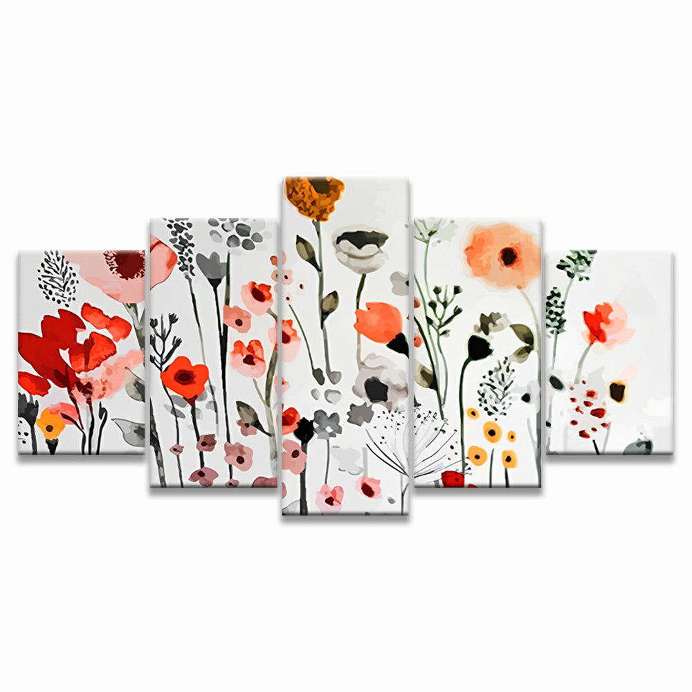 Acuarela de Amapolas Diversas y Hojas 5 Partes Pintar por Números