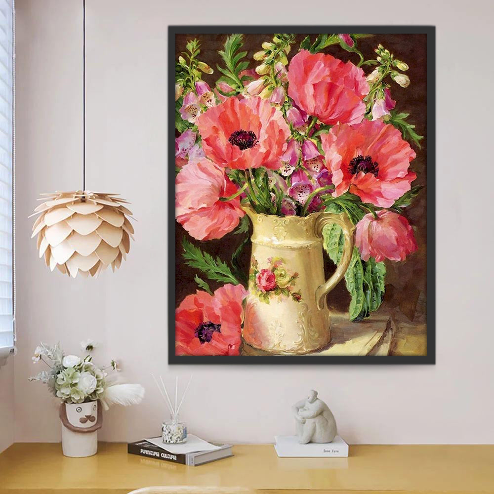 Amapolas Bonitas Rojas en Florero Amarillo Claro Pintar por Números