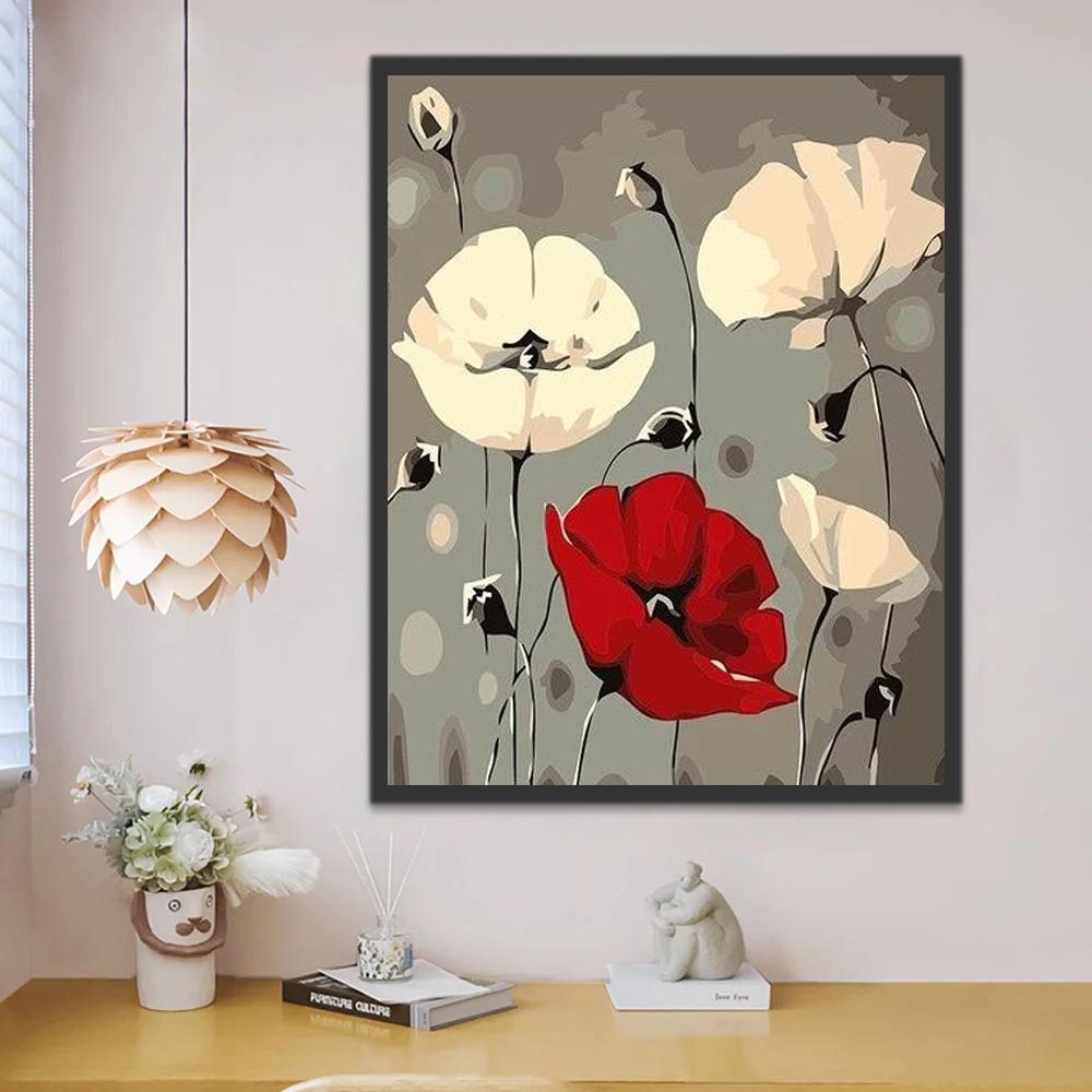Amapolas de Color Blanco y Rojo en Estilo Abstracto Pintar por Números