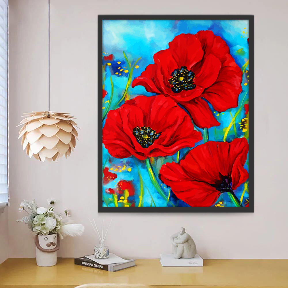 Amapolas de Color Rojo Brillante con Fondo Azul Pintar por Números
