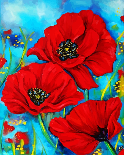 Amapolas de Color Rojo Brillante con Fondo Azul Pintar por Números