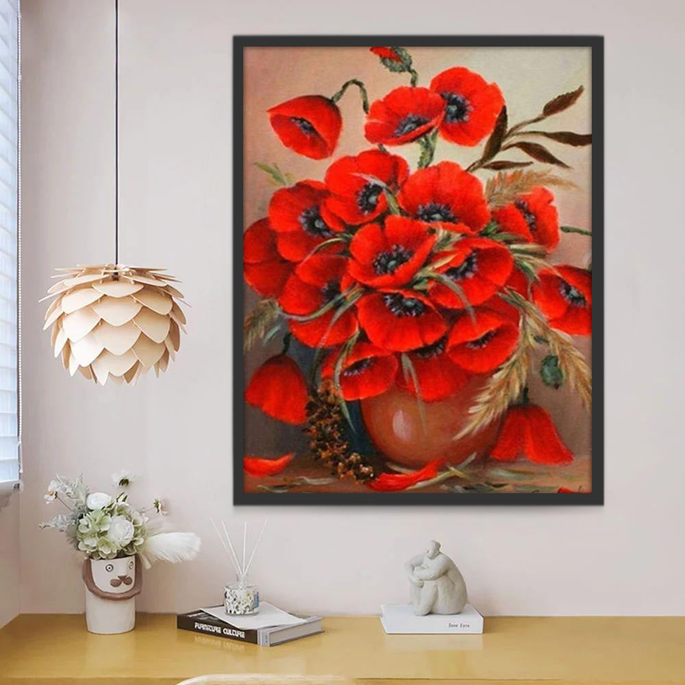 Amapolas de Color Rojo Brillante en Florero Marrón Pintar por Números