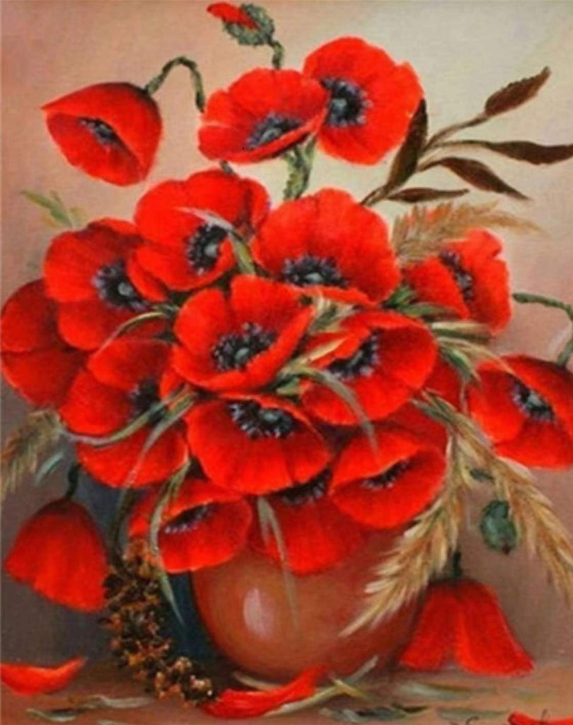 Amapolas de Color Rojo Brillante en Florero Marrón Pintar por Números