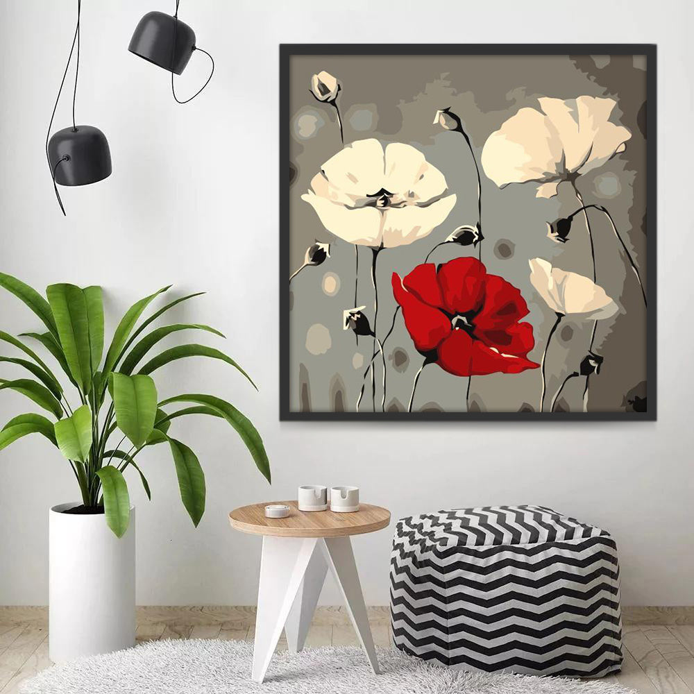 Amapolas de Color Rojo y Blanco en el Fondo Gris Pintar por Números