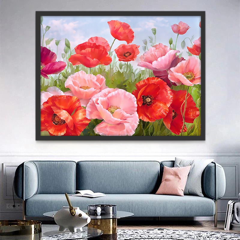 Amapolas de Color Rojo y Rosado en el Prado Verde Pintar por Números