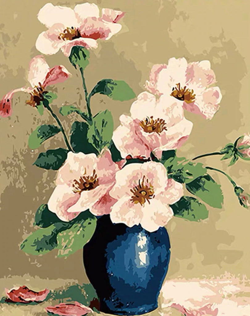 Amapolas de Color Rosado en Florero Azul Oscuro Pintar por Números
