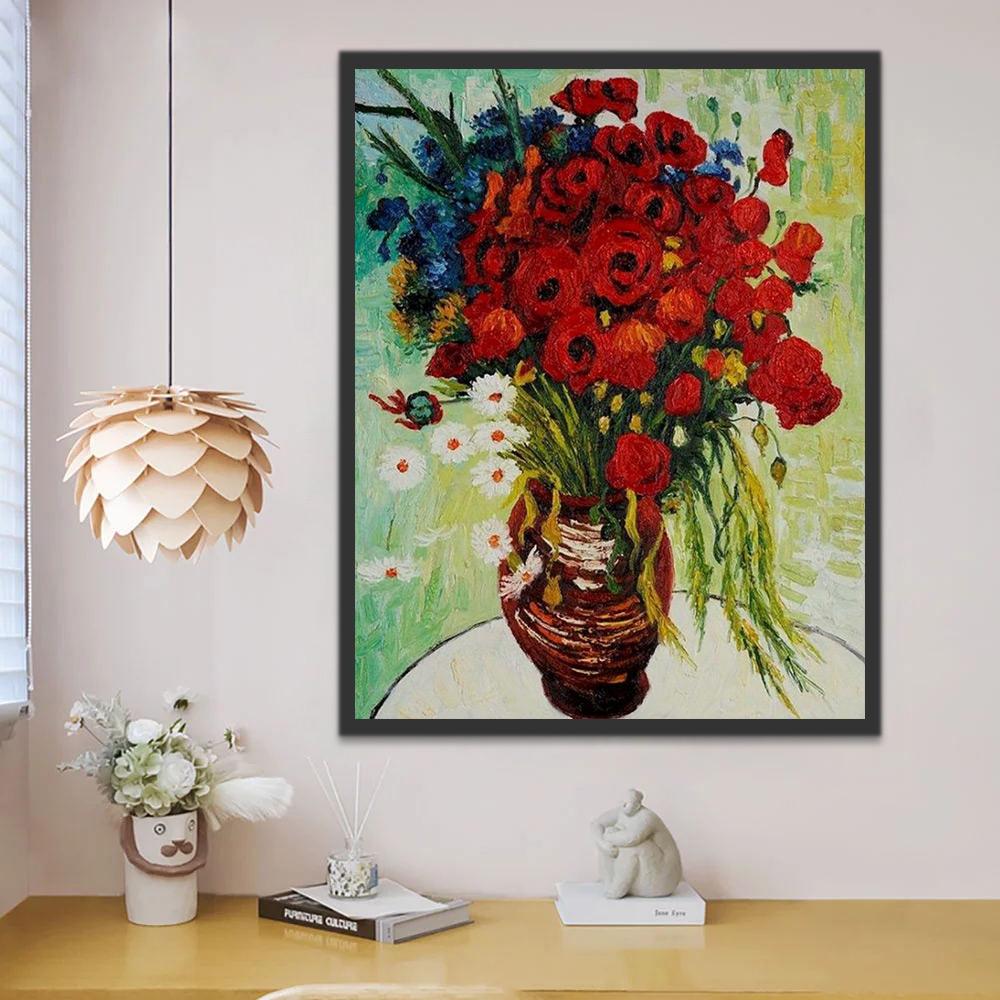 Amapolas en Florero sobre Mesa Blanca con Fondo Verde Pintar por Números