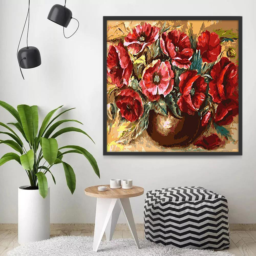 Amapolas Rojas Brillantes en Florero Marrón Pintar por Números