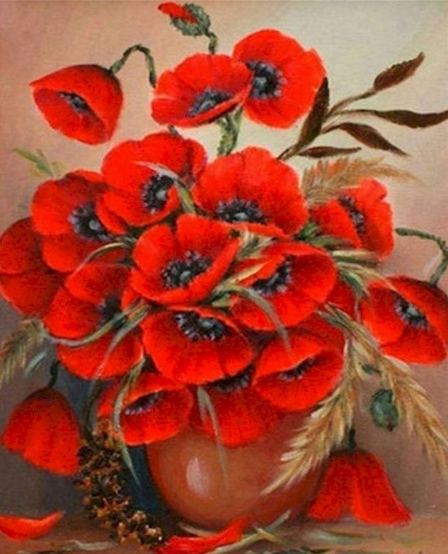 Amapolas Rojas Brillantes en Florero Marrón Redondo Pintar por Números