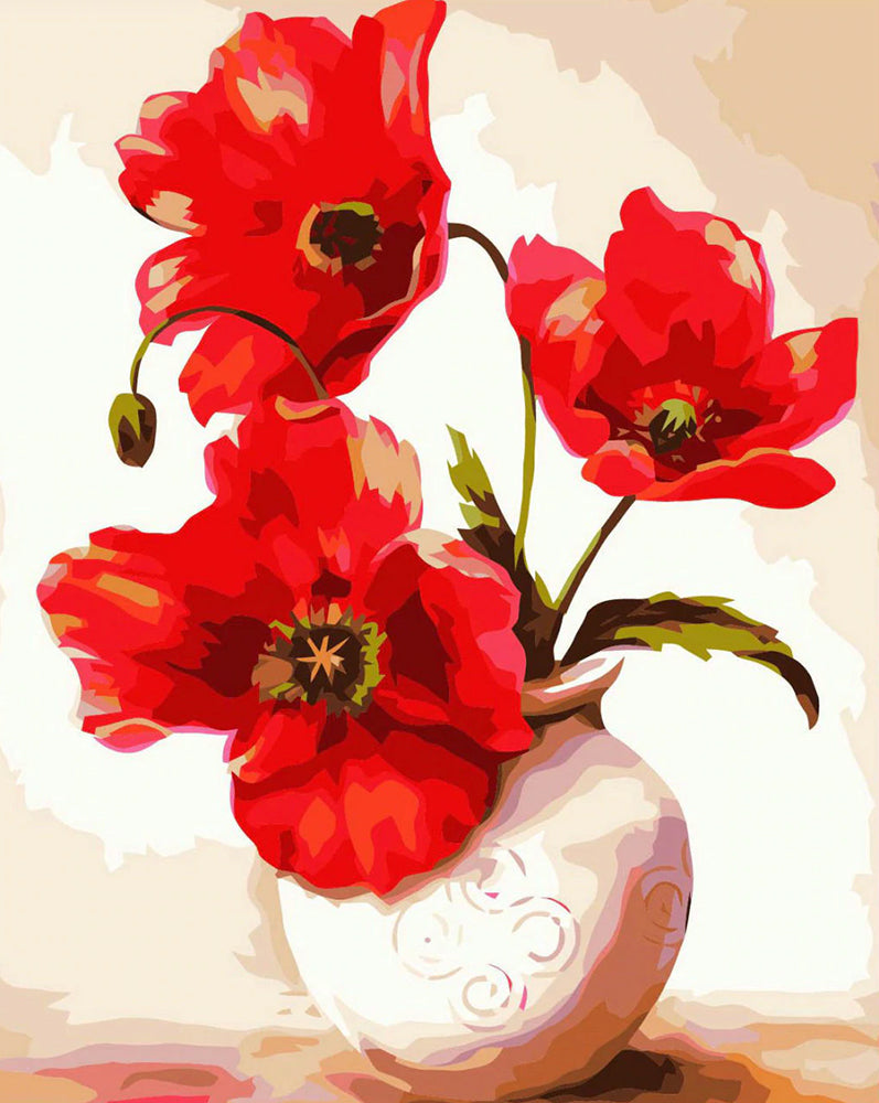 Amapolas Rojas en Florero Blanco con Fondo de Color Claro Pintar por Números