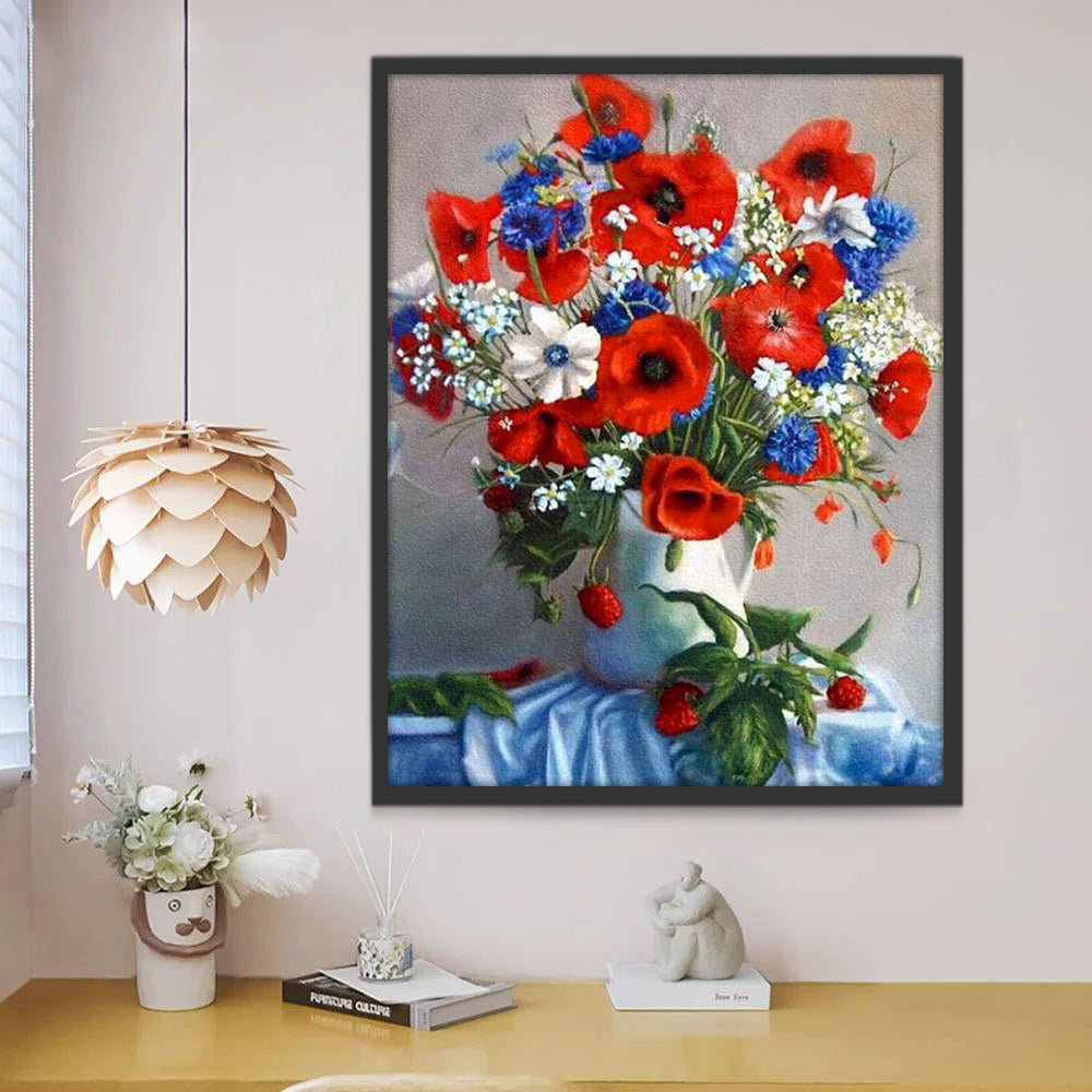 Amapolas Rojas en Florero Blanco sobre Tela Azul Pintar por Números