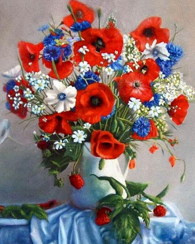 Amapolas Rojas en Florero Blanco sobre Tela Azul Pintar por Números