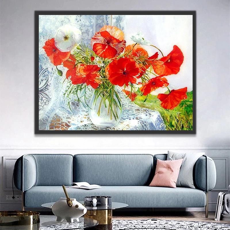 Amapolas Rojas en Florero de Cristal sobre Textura Blanca Pintar por Números