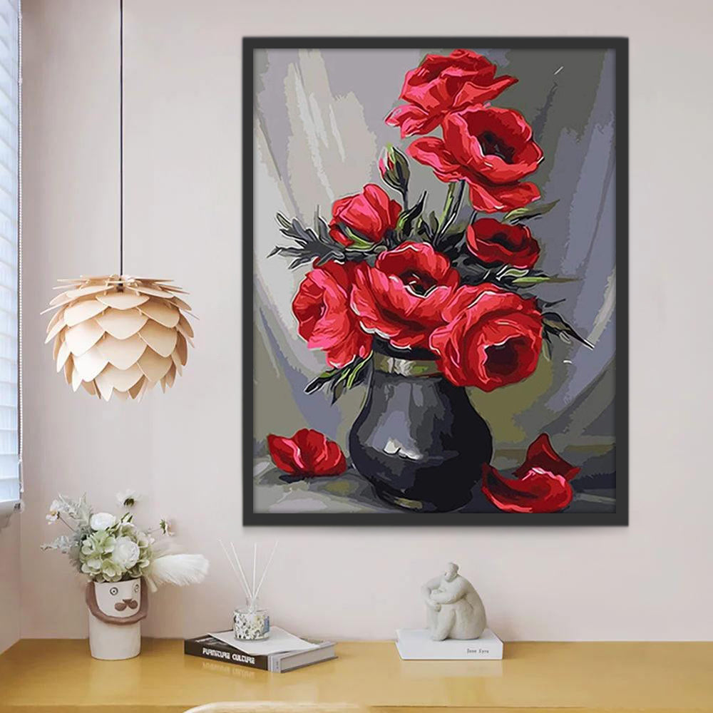 Amapolas Rojas en Florero Negro y Textura Blanca Pintar por Números