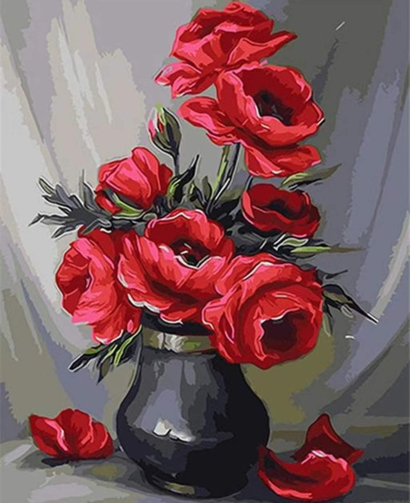 Amapolas Rojas en Florero Negro y Textura Blanca Pintar por Números