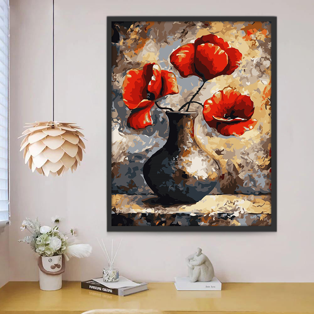 Amapolas Rojas en Jarrón Negro con Fondo Abstracto Pintar por Números