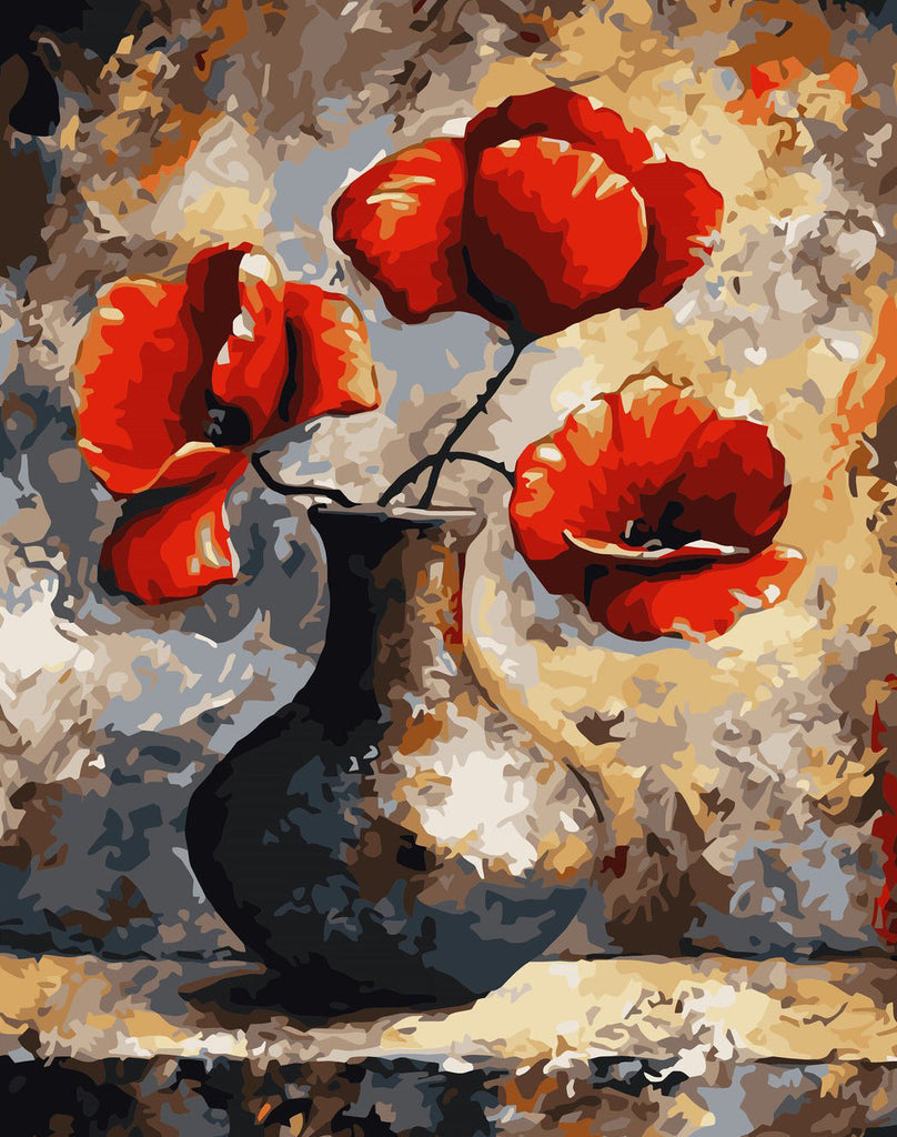 Amapolas Rojas en Jarrón Negro con Fondo Abstracto Pintar por Números