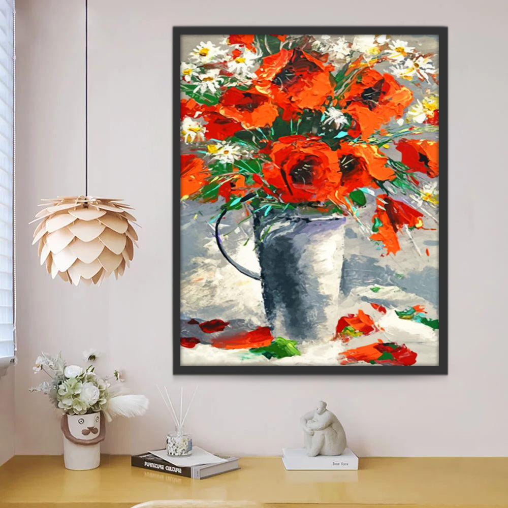 Amapolas Rojas y Camomilas en Florero al Sol Pintar por Números