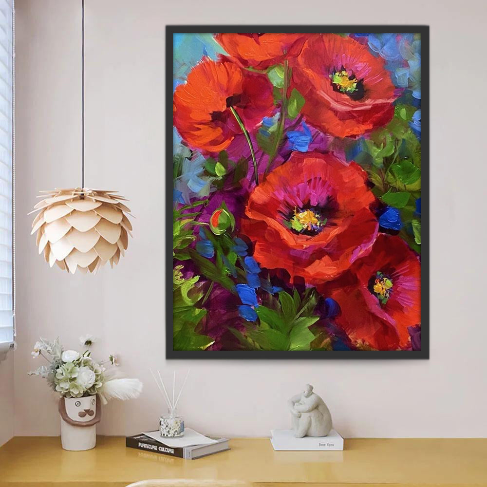 Amapolas Rojas y Flores Azules Pequeñas y Hojas Verdes Pintar por Números